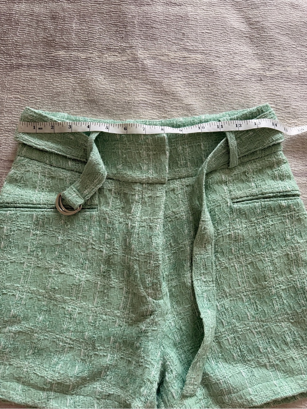 IRO Mint Green Glitter Tweed High-Waist Textured Shorts with Waist Tie, Size 36 - Picture 4 of 10